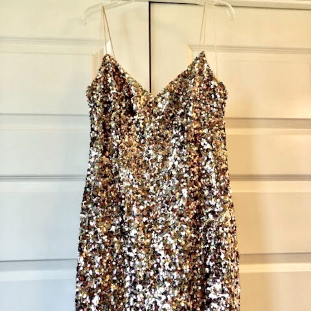 New ADRIANNA PAPELL Metallic Sequin Strappy Tiered Midi Dress 10P MSRP $245 - Picture 3 of 6